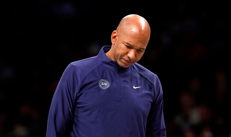 FILE - Detroit Pistons coach Monty Williams reacts during a timeout in the first half of the team's NBA basketball game against the Brooklyn Nets, Saturday, Dec. 23, 2023, in New York. The Detroit Pistons have fired coach Monty Williams after just one season, a person with knowledge of the decision told The Associated Press on Wednesday, June 19, 2024.(AP Photo/Noah K. Murray, File)