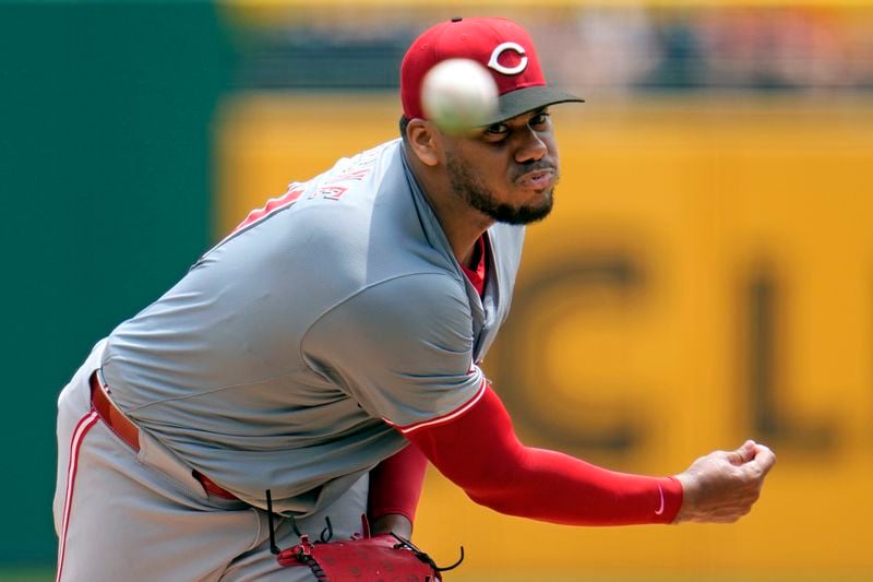 Cincinnati Reds starting pitcher Hunter Greene delivers during the first inning of a baseball game against the Pittsburgh Pirates in Pittsburgh, Wednesday, June 19, 2024. (AP Photo/Gene J. Puskar)