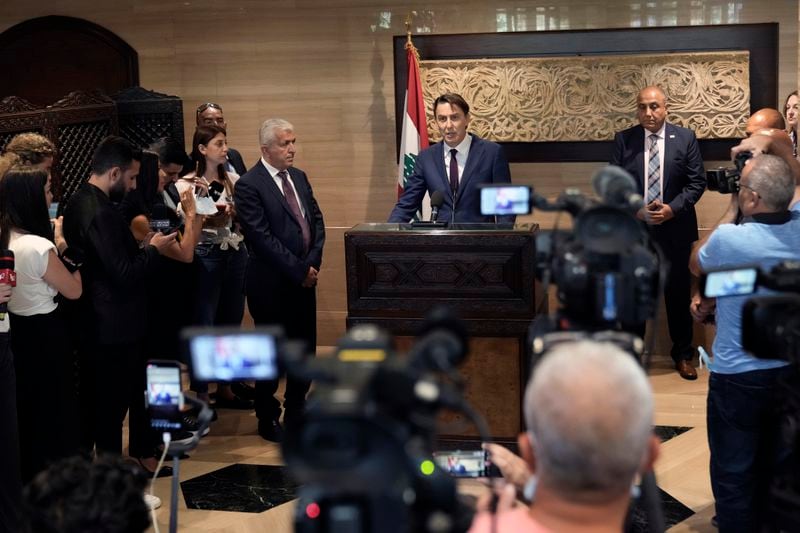 Senior Advisor to U.S. President Biden, Amos Hochstein, center, gives a statement to the media after his meeting with Parliament Speaker Nabih Berri in Beirut, Lebanon, Tuesday, June 18, 2024. Hochstein in his visit to Beirut Tuesday described the ongoing conflict between the Lebanese militant group Hezbollah and Israeli forces on the Lebanon-Israel border as a "very serious situation" and said efforts to find a diplomatic solution to head off a larger war are "urgent." Hochstein met with officials in Lebanon after visiting Israel the day before. (AP Photo/Bilal Hussein)