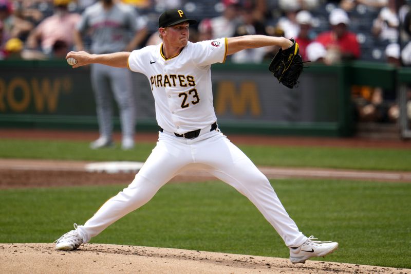 Pittsburgh Pirates starting pitcher Mitch Keller delivers during the second inning of a baseball game against the Cincinnati Reds in Pittsburgh, Wednesday, June 19, 2024. (AP Photo/Gene J. Puskar)