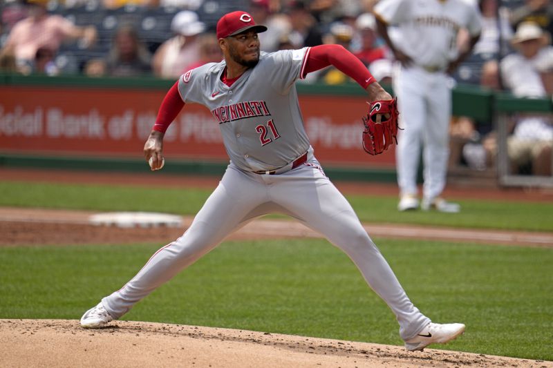 Cincinnati Reds starting pitcher Hunter Greene delivers during the second inning of a baseball game against the Pittsburgh Pirates in Pittsburgh, Wednesday, June 19, 2024. (AP Photo/Gene J. Puskar)