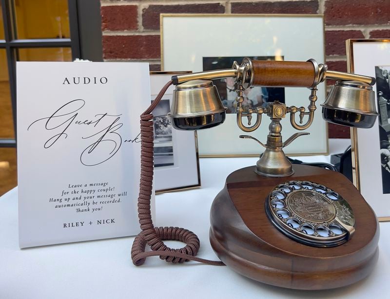 This photo shows an audio wedding guestbook from LifeOnRecord. The bridal market is crowded with companies renting or selling vintage phones for guests to record their well wishes. (Alexandria El Ghatit via AP)