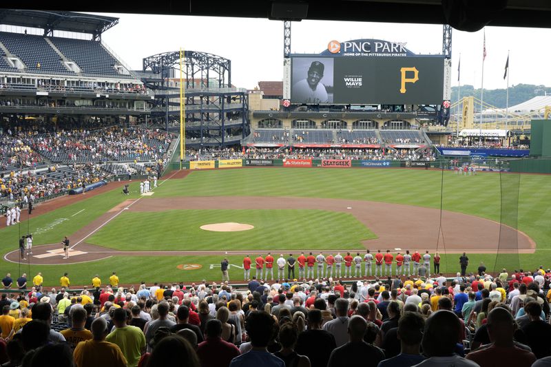 A moment of silence in memory of Willie Mays is observed before a baseball game between the Pittsburgh Pirates and the Cincinnati Reds at PNC Park in Pittsburgh, Wednesday, June 19, 2024. (AP Photo/Gene J. Puskar)