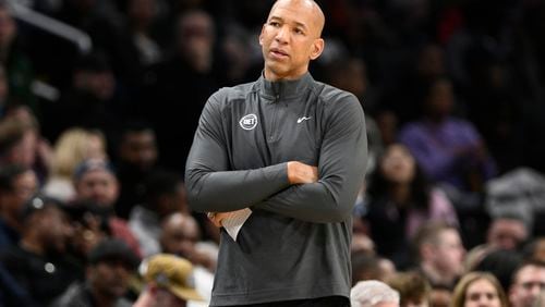 FILE - Detroit Pistons head coach Monty Williams looks on during the first half of an NBA basketball game against the Washington Wizards, Friday, March 29, 2024, in Washington. The Detroit Pistons have fired coach Monty Williams after just one season, a person with knowledge of the decision told The Associated Press on Wednesday, June 19.(AP Photo/Nick Wass, File)