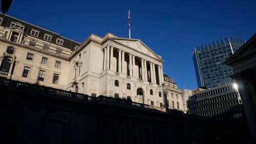 FILE - The Bank of England in London, is shown on Dec. 15, 2022. Inflation in the U.K. returned to the Bank of England's target rate of 2% for the first time in nearly three years, official figures showed Wednesday, June 19, 2024, a development that has been seized on by the governing Conservative Party that its economic plan is “working” ahead of the general election in just over two weeks time. (AP Photo/Alastair Grant, File)