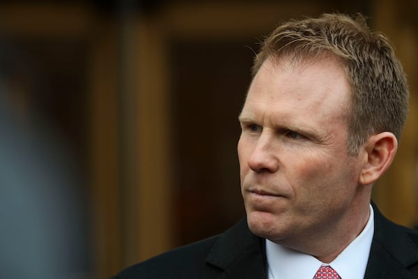 Andrew Giuliani looks on while attorney Joseph Cammarata speaks to the press outside of federal court, Thursday, Jan. 16, 2025, in New York. (AP Photo/Heather Khalifa)