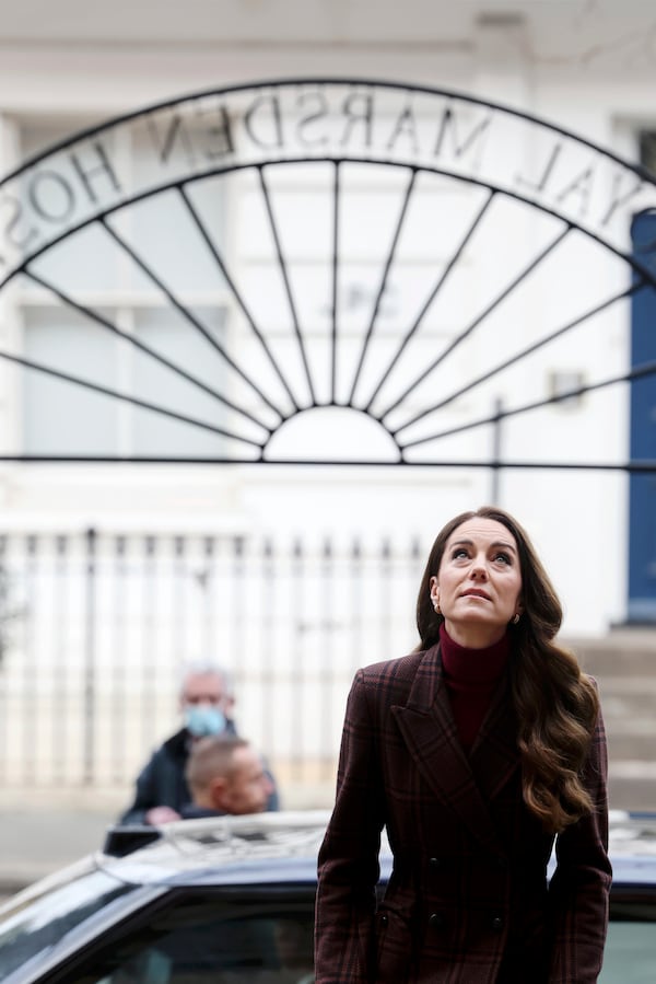 Britain's Princess Kate arrives for a visit to The Royal Marsden Hospital, where she received her cancer treatment, in London, Tuesday Jan. 14, 2025 in London, England. (Chris Jackson/Pool Photo via AP)