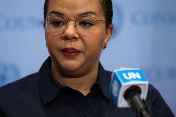 Democratic Republic of the Congo's State Minister, Minister of Foreign Affairs, International Cooperation and Francophonie Thérèse Kayikwamba Wagner speaks during a press conference at the United Nations headquarters, Sunday, Jan. 26, 2025. (AP Photo/Yuki Iwamura)