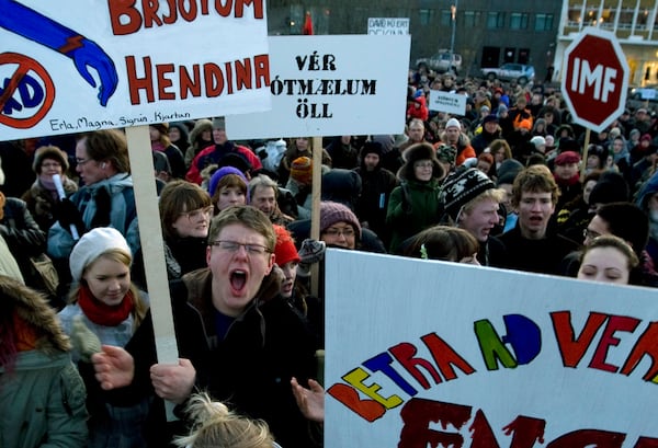 FILE - Demonstrators crowd into a city square during a protest provoked by the country's economic collapse, in Reykjavik, Iceland, Monday Dec. 1, 2008. (AP Photo/Brynjar Gunnarsson, File)