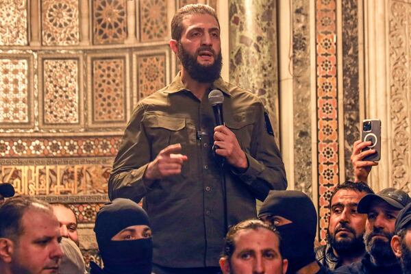 FILE - Ahmed al-Sharaa, also known by nom de guerre Abu Mohammed al-Golani, speaks at the Umayyad Mosque in Damascus, Syria, Sunday, Dec. 8, 2024. (AP Photo/Omar Albam, File)