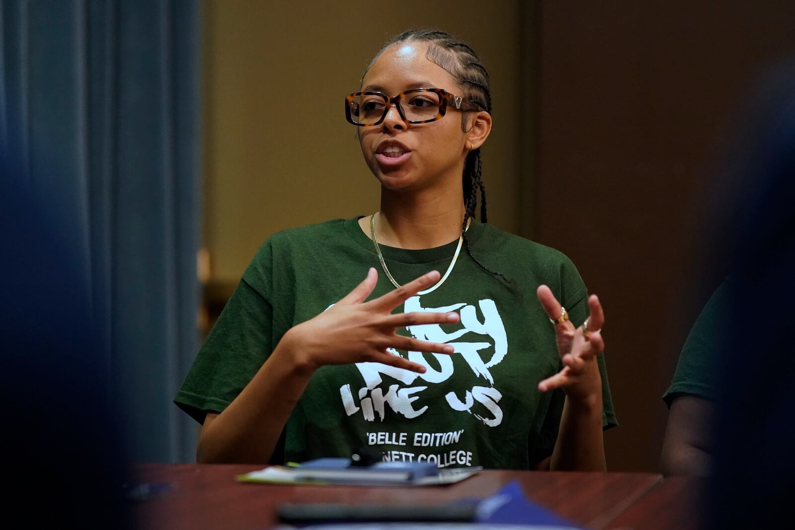 Bennett College student Jazmin Rawls gestures as she answers a question during a roundtable in Greensboro, N.C., Tuesday, Oct. 8, 2024. (AP Photo/Chuck Burton)