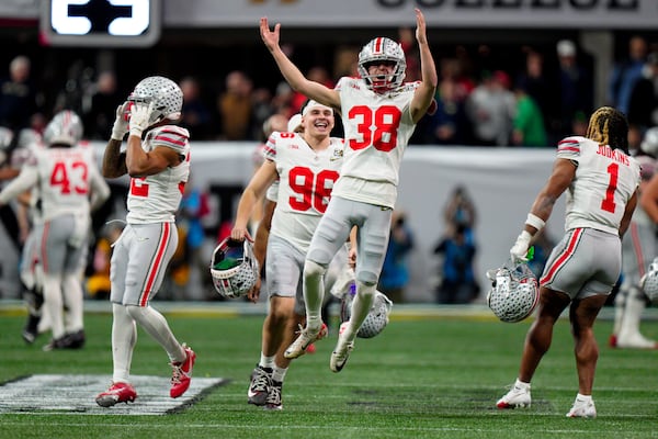 Ohio State place kicker Jayden Fielding celebrates after a field goal against Notre Dame during second half of the College Football Playoff national championship game Monday, Jan. 20, 2025, in Atlanta. (AP Photo/Jacob Kupferman)