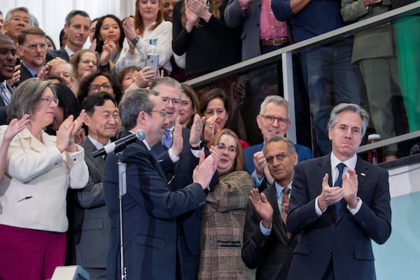 Secretary of State Antony Blinken bids farewell to diplomats and staff at the State Department in Washington, Friday, Jan. 17, 2025. (AP Photo/J. Scott Applewhite)