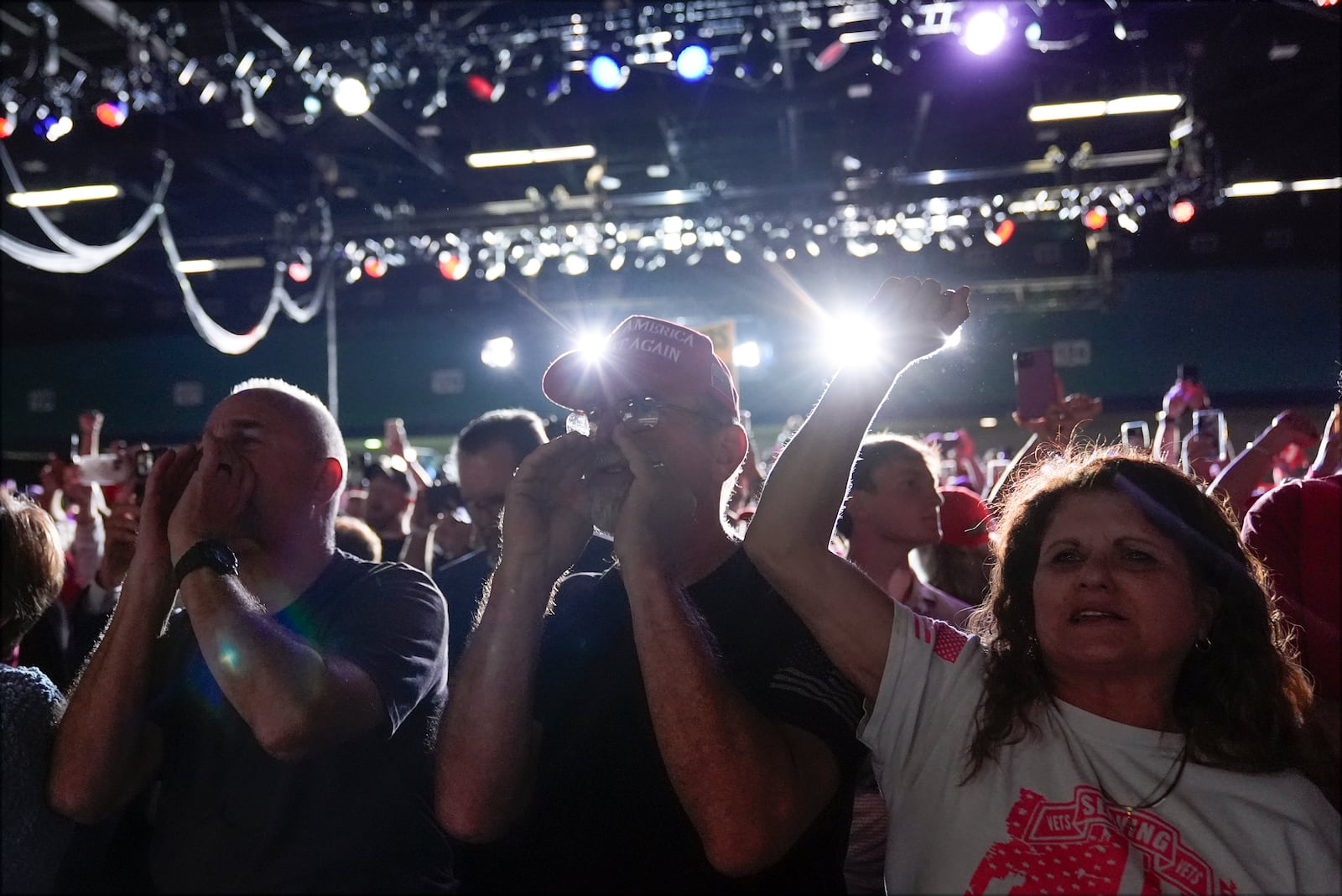 Supporters listen as Republican presidential nominee former President Donald Trump speaks during a campaign rally at Greensboro Coliseum, Tuesday, Oct. 22, 2024, in Greensboro, N.C. (AP Photo/Alex Brandon)