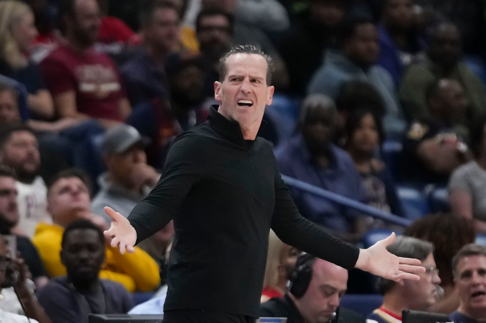 New Orleans Pelicans head coach Willie Green reacts to a call in the first half of an NBA basketball game against the New Orleans Pelicans in New Orleans, Wednesday, Nov. 6, 2024. (AP Photo/Gerald Herbert)