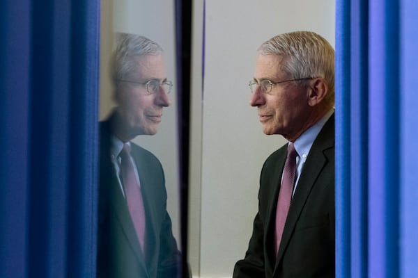 FILE - Dr. Anthony Fauci, director of the National Institute of Allergy and Infectious Diseases, arrives to speak about the coronavirus in the James Brady Press Briefing Room of the White House, April 22, 2020, in Washington. (AP Photo/Alex Brandon, File)