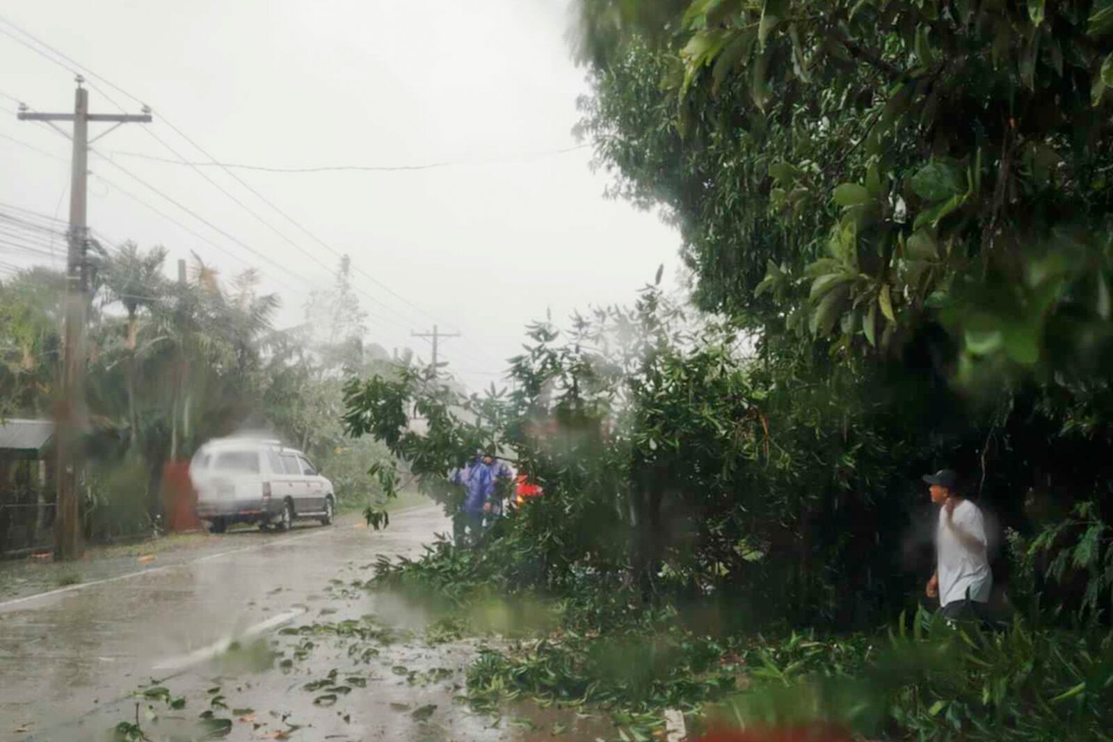 In this handout provided by the Local Government Unit (LGU) of Lal-Lo, workers clear a road from a tree that fell due to strong winds from Typhoon Yinxing, locally called Marce, in Lal-lo, Cagayan province, northern Philippines on Thursday Nov. 7, 2024. (LGU Lal-lo via AP)