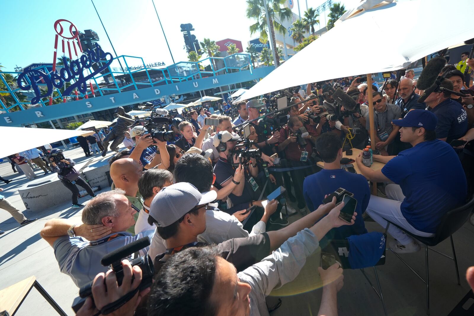 Los Angeles Dodgers' Shohei Ohtani speaks during media day for the baseball World Series against the New York Yankees, Thursday, Oct. 24, 2024, in Los Angeles. (AP Photo/Ashley Landis)