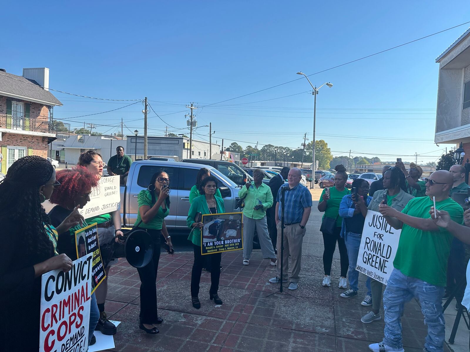 Supporters and family members of Ronald Greene gathered outside the Union Parish Courthouse Monday, Oct. 28, 2024, in Farmerville, La., following a plea hearing and sentencing for former state trooper Kory York. Greene’s mother, Mona Hardin, objected to the plea as “unfair” and urged a judge to reject it. (AP Photo/Jim Mustian)