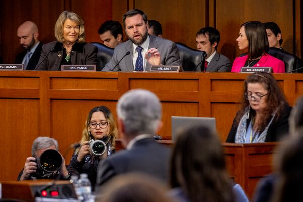 FILE - Sen. JD Vance, R-Ohio, center speaks during a Senate Banking Committee hearing on Capitol Hill in Washington, March 7, 2023. (AP Photo/Andrew Harnik, File)