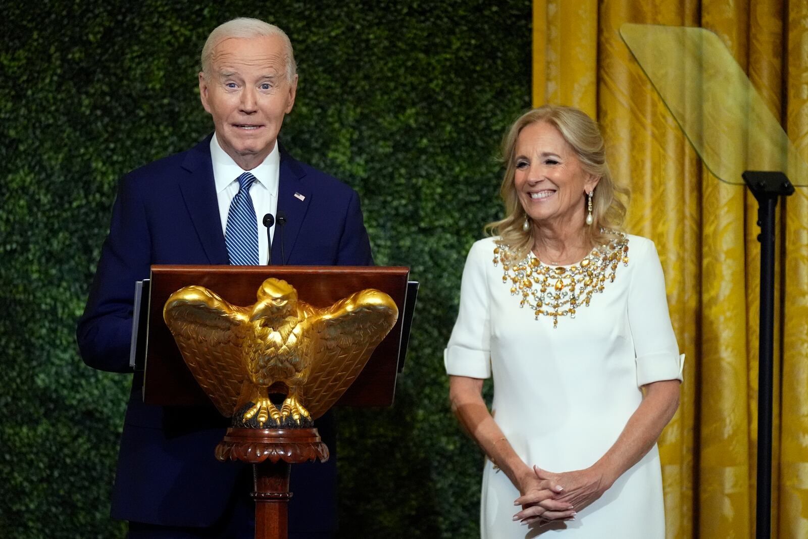 President Joe Biden and first lady Jill Biden speak at a dinner Sunday, Oct. 20, 2024, in the East Room of the White House, celebrating the new enhanced and expanded White House Public tour being unveiled by first lady Jill Biden on Oct. 21, 2024. (AP Photo/Manuel Balce Ceneta)