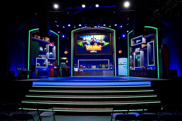 The stage is ready for the taping of "They Call It Late Night with Jason Kelce", Friday, Jan. 3, 2025, in Philadelphia. (AP Photo/Chris Szagola)