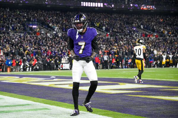 Baltimore Ravens wide receiver Rashod Bateman celebrates after scoring a touchdown against the Pittsburgh Steelers during the first half of an NFL wild-card playoff football game, Saturday, Jan. 11, 2025, in Baltimore. (AP Photo/Nick Wass)