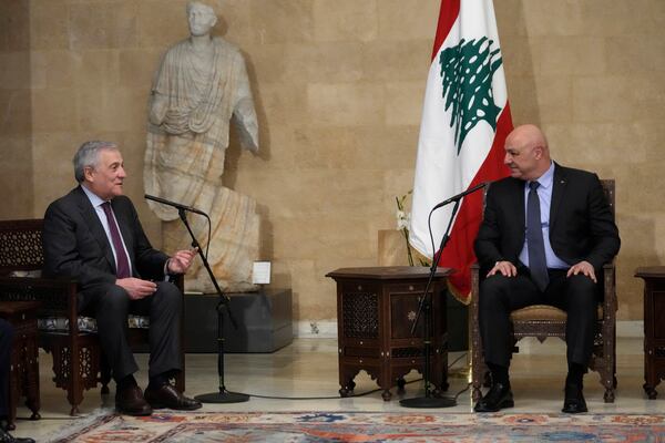 Lebanese President Joseph Aoun, right, meets with Italian Foreign Minister Antonio Tajani at the presidential palace in Baabda, east of Beirut, Lebanon, Friday, Jan. 10, 2025. (AP Photo/Hussein Malla)