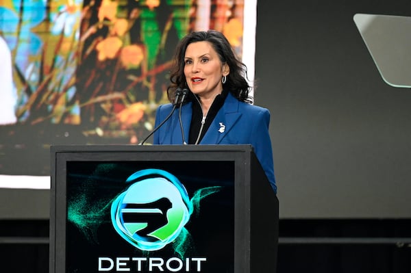 Michigan Gov. Gretchen Whitmer speaks at the Detroit Auto Show, Wednesday, Jan. 15, 2025, in Detroit. (AP Photo/Jose Juarez)