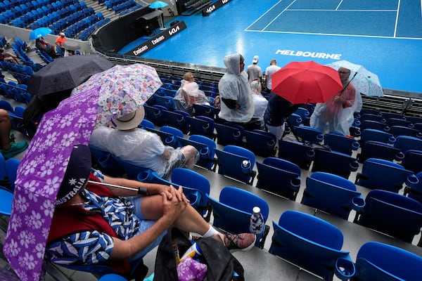 Spectators wait under umbrellas as rain suspends play during first round matches at the Australian Open tennis championship in Melbourne, Australia, Sunday, Jan. 12, 2025. (AP Photo/Asanka Brendon Ratnayake)