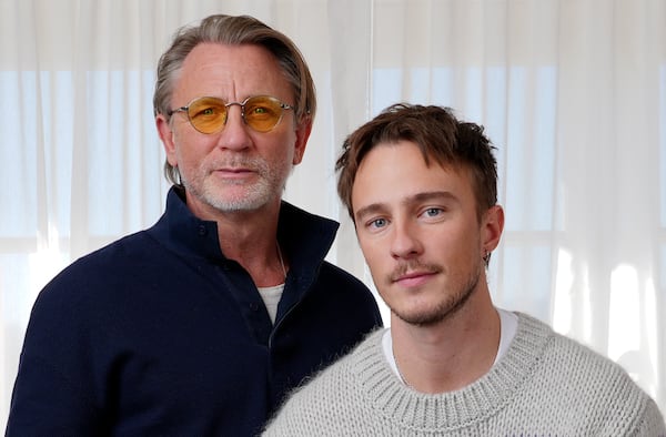 Daniel Craig, left, and Drew Starkey, cast members in the film "Queer," pose together for a portrait to promote the film on Wednesday, Nov. 13, 2024 in Los Angeles. (AP Photo/Chris Pizzello)