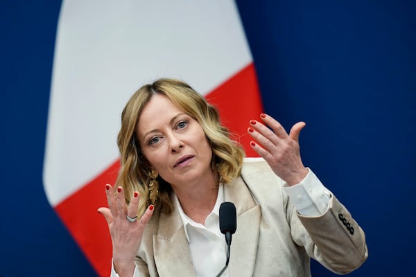 Italian Premier Giorgia Meloni holds the 2024 year-end press conference, in Rome, Thursday, Jan. 9, 2025. (AP Photo/Alessandra Tarantino)