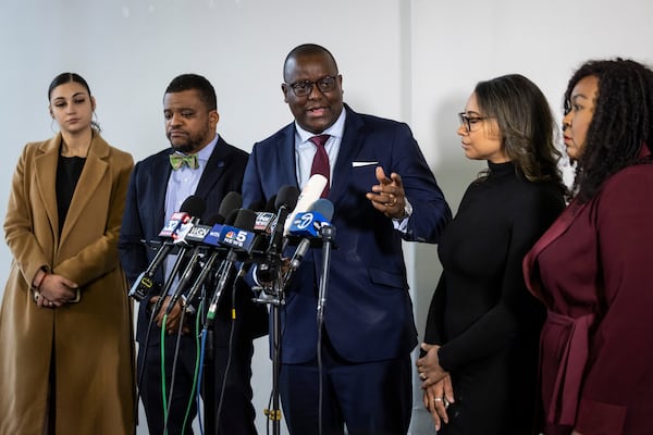 Jussie Smollett's lead defense attorney Nenye Uche speaks to reporters during a news conference Thursday, Nov. 21, 2024, In Chicago, after the Illinois Supreme Court overturned Smollett's conviction on charges of staging a racist and homophobic attack against himself in 2019 and lying to Chicago police. (Ashlee Rezin/Chicago Sun-Times via AP)