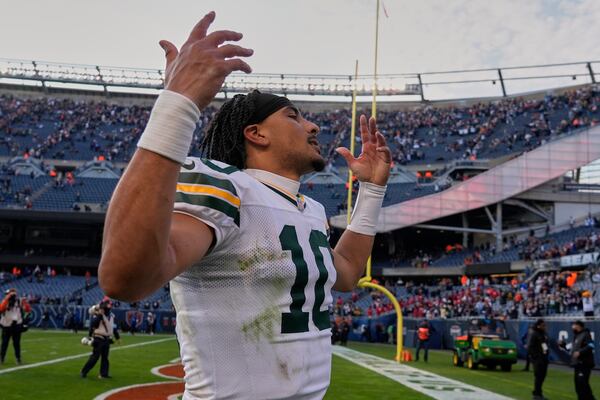 Green Bay Packers' Jordan Love reacts as he walks off the field after an NFL football game against the Chicago Bears Sunday, Nov. 17, 2024, in Chicago. The Packers won 20-19. (AP Photo/Nam Y. Huh)