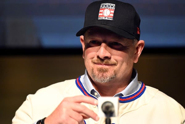 Newly-elected Baseball Hall of Fame inductee Billy Wagner talks to reporters during a news conference Thursday, Jan. 23, 2025, in Cooperstown, N.Y. (AP Photo/Hans Pennink)