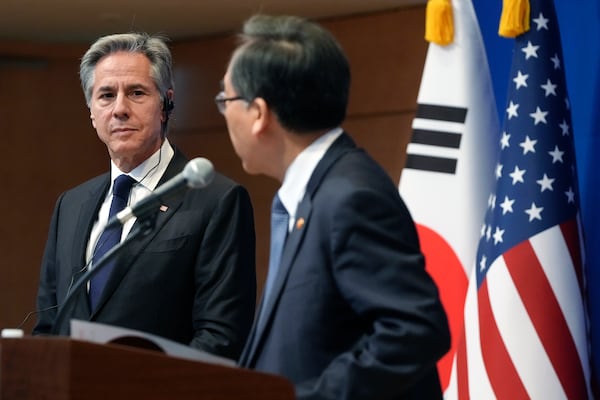 U.S. Secretary of State Antony Blinken, left, and South Korean Foreign Minister Cho Tae-yul, right, attend a joint press conference following their meeting at the Foreign Ministry in Seoul, South Korea, Monday, Jan. 6, 2025. (AP Photo/Lee Jin-man, Pool)