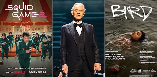 This combination of images shows promotional art for the series "Squid Game 2," left, the holiday special "Christmas with Andrea Bocelli and Friends," center, and the film "Bird." (Netflix/CBS/Mubi via AP)