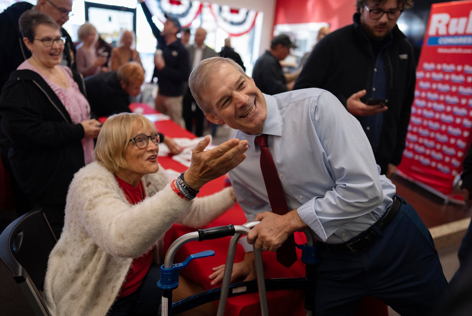 Supporter Gayle Hite poses for a photo with Rep. Jim Jordan, R-Ohio, at a rally for Rep. Michael Rulli, R-Ohio, at the Mahoning County Republican Party headquarters in Boardman, Ohio, Thursday, Oct. 17, 2024. (AP Photo/Carolyn Kaster)