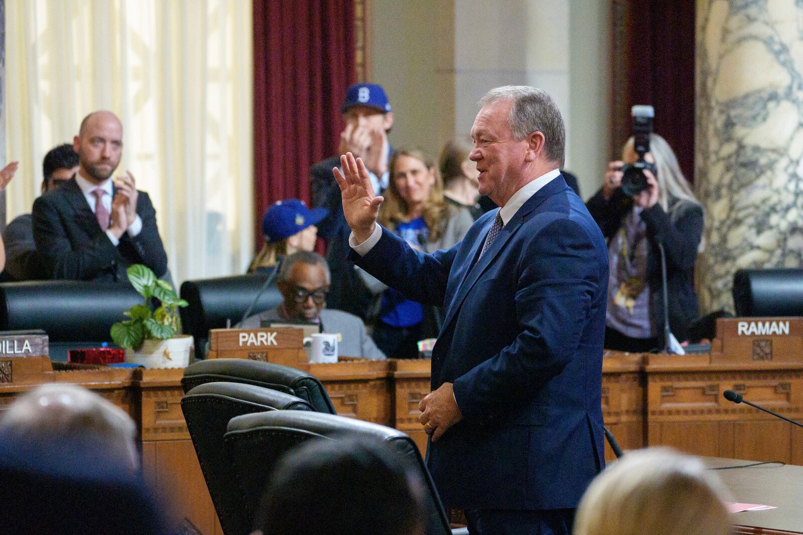 Former county Sheriff James McDonnell smiles as members of the Los Angeles City Council confirm him as Los Angeles Police Department Chief of Police at a meeting of the Council's public safety committee on Friday, Nov. 8, 2024, in Los Angeles. (AP Photo/Damian Dovarganes)