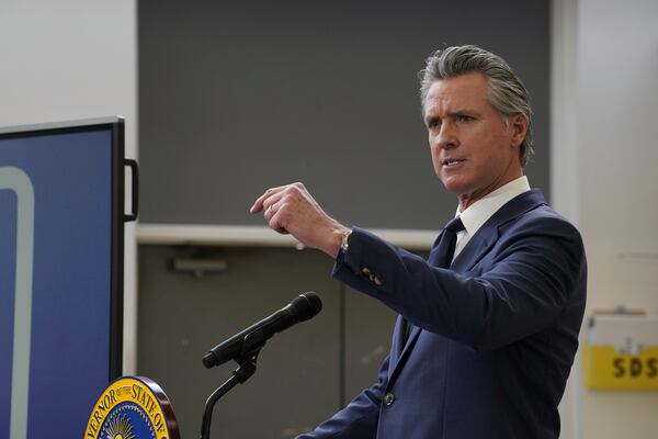 California Gov. Gavin Newsom outlines his proposed 2025-2026 $322 billion state budget during a news conference at California State University, Stanislaus in Turlock, Calif., Monday, Jan. 6, 2025. (AP Photo/Rich Pedroncelli)