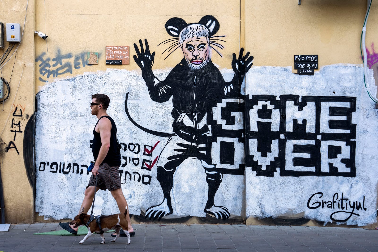 People pass by a newly painted graffiti depicting Hamas Leader Yahya Sinwar, days after he was killed by Israeli forces in Gaza, in Tel Aviv, Israel, on Sunday, Oct. 20, 2024. (AP Photo/Oded Balilty)