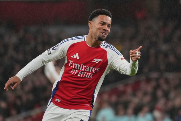 Arsenal's Ethan Nwaneri celebrates after scoring his side's third goal during the English Premier League soccer match between Arsenal and Nottingham Forest at Emirates Stadium in London, Saturday, Nov. 23, 2024. (AP Photo/Kin Cheung)