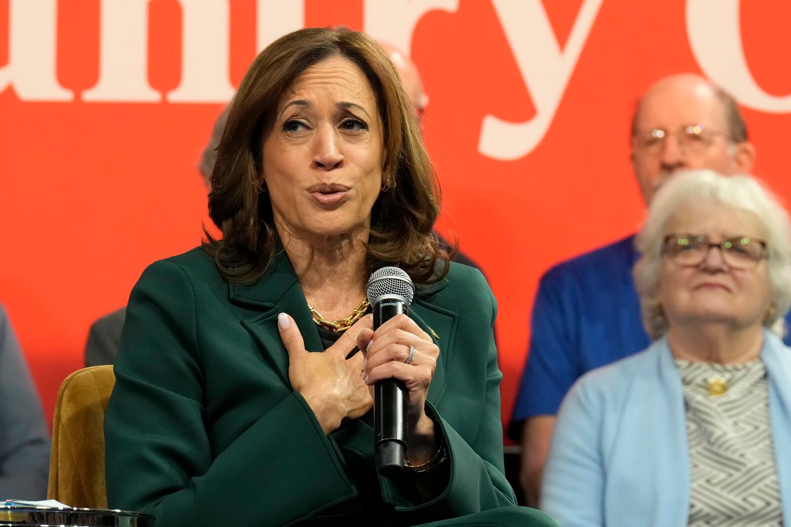 Democratic presidential nominee Vice President Kamala Harris speaks during a town hall at The People's Light in Malvern, Pa., Monday, Oct. 21, 2024. (AP Photo/Jacquelyn Martin)