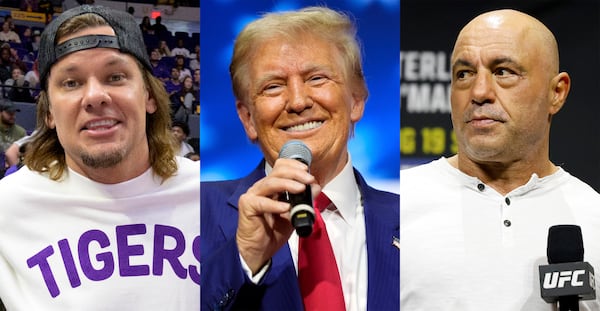 This combination of images shows comedian and podcaster Theo Von, left, President Donald Trump, center, and comedian-commentator and podcaster Joe Rogan. (AP Photo)