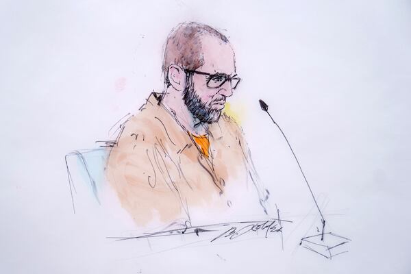 In this courtroom sketch, defendant Alexander Smirnov speaks in Federal court in Los Angeles, Feb. 26, 2024. (William T. Robles via AP)