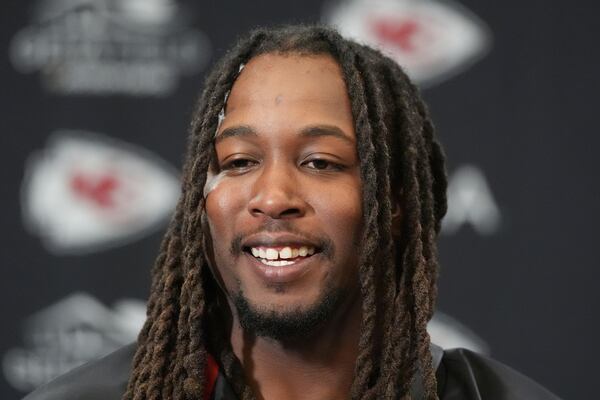 Kansas City Chiefs running back Kareem Hunt speaks during a news conference following an NFL football AFC divisional playoff game against the Houston Texans Saturday, Jan. 18, 2025, in Kansas City, Mo. (AP Photo/Charlie Riedel)