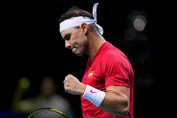 Spain's tennis player Rafael Nadal reacts during a Davis Cup quarterfinal match against Netherlands' Botic Van De Zandschulp at Martin Carpena Sports Hall in Malaga, southern Spain, on Tuesday, Nov. 19, 2024. (AP Photo/Manu Fernandez)