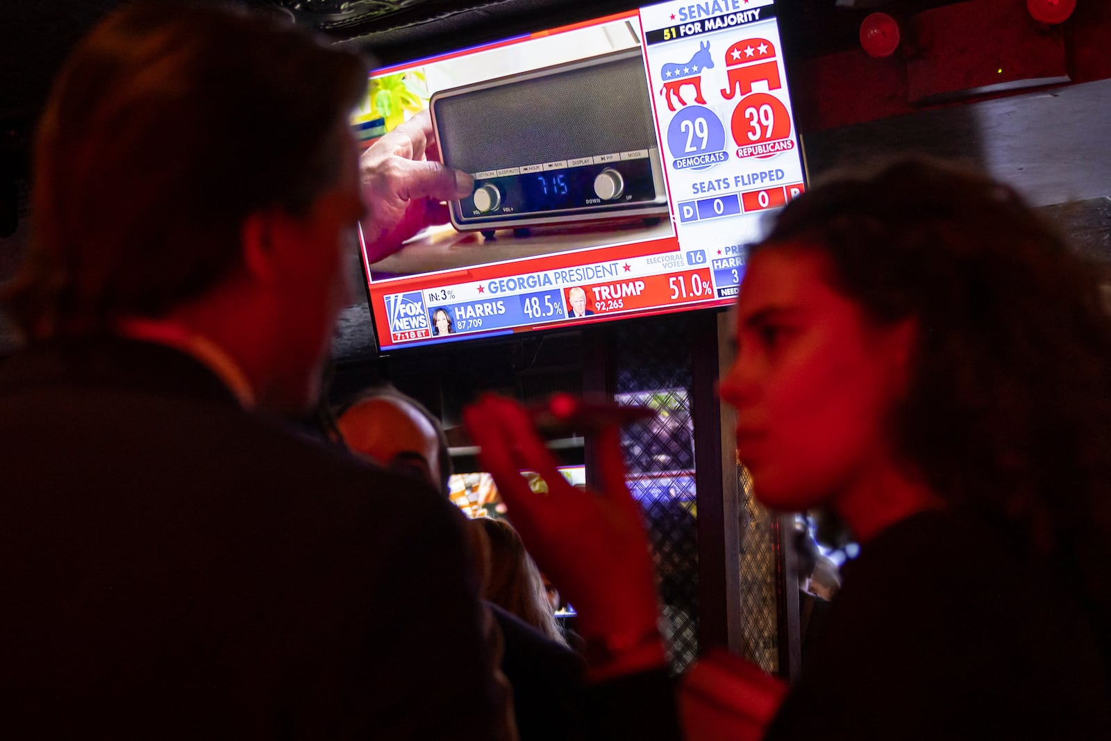 People watch screens showing poll results at a watch party hosted by the New York Young Republican Club in New York on Election Day, Tuesday, Nov. 5, 2024. (AP Photo/Yuki Iwamura)