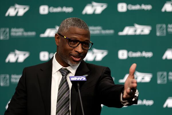 New York Jets new head coach Aaron Glenn speaks during a press conference at the NFL football team's training facility on Monday, Jan. 27, 2025, in Florham Park, N.J. (AP Photo/Adam Hunger)