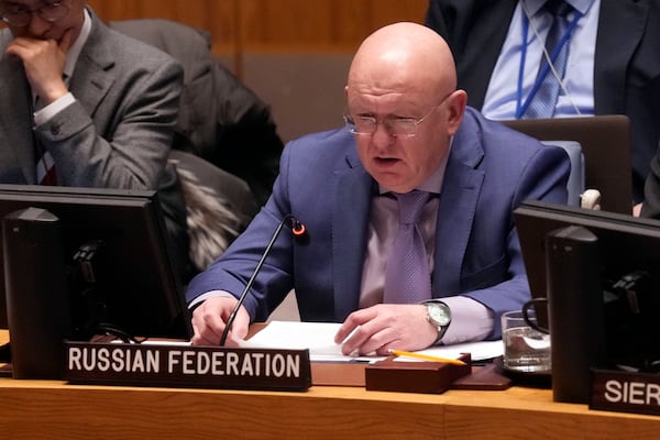 Russia UN Ambassador Vasily Nebenzya addresses the United Nations Security Council, Thursday, Dec. 19, 2024. (AP Photo/Richard Drew)